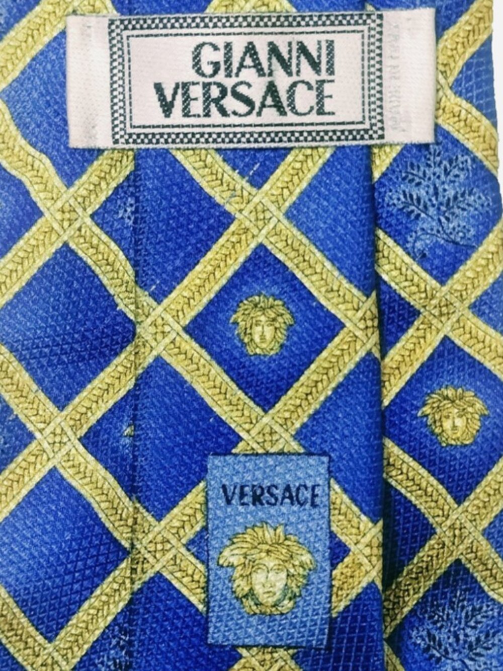 Vintage GIANNI VERSACE Baroque Medusa Checkerboard Royal Blue Jacquard Silk Tie